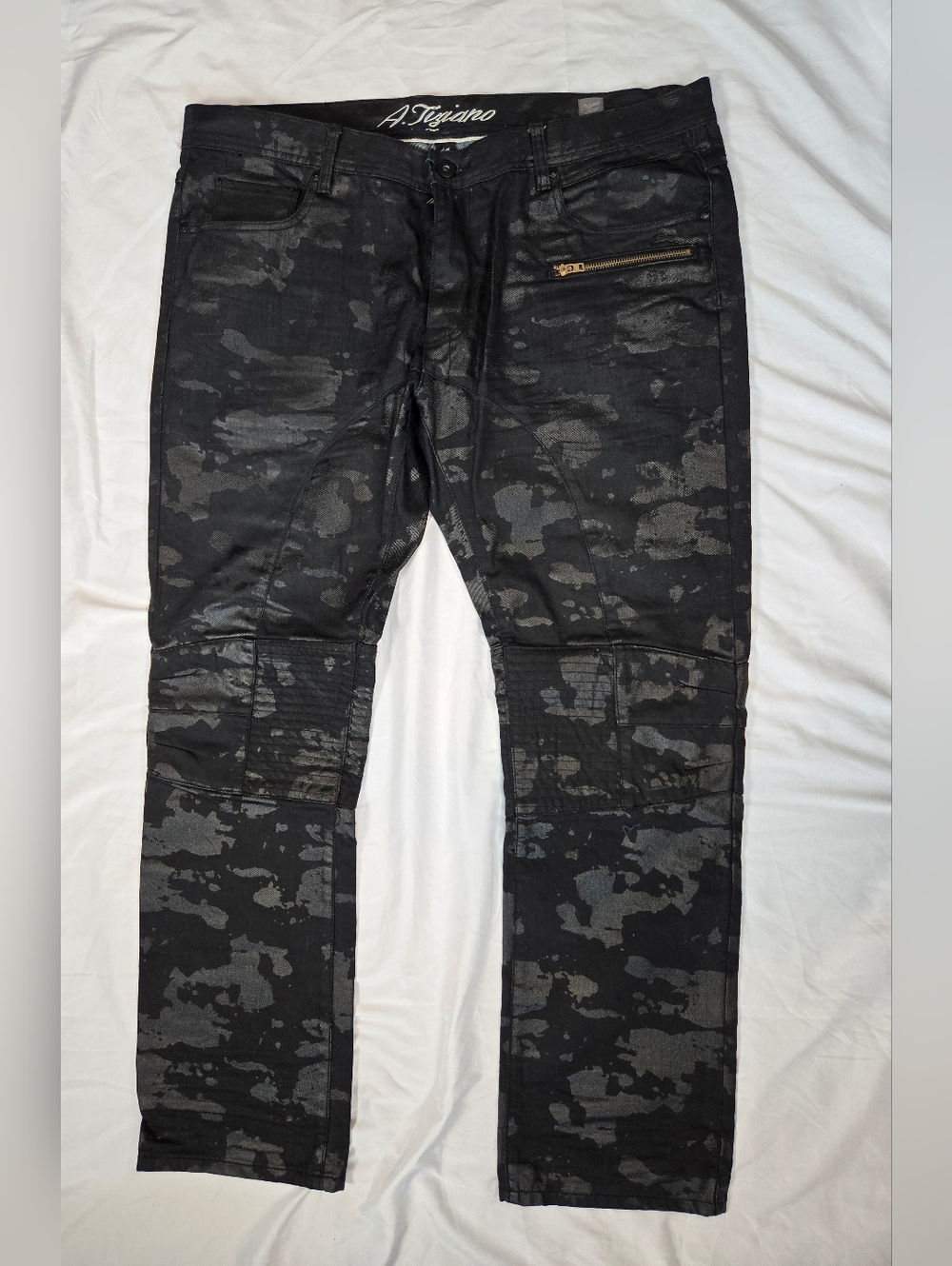 A. Tiziano Black Gray Camouflage Moto Jeans. TC